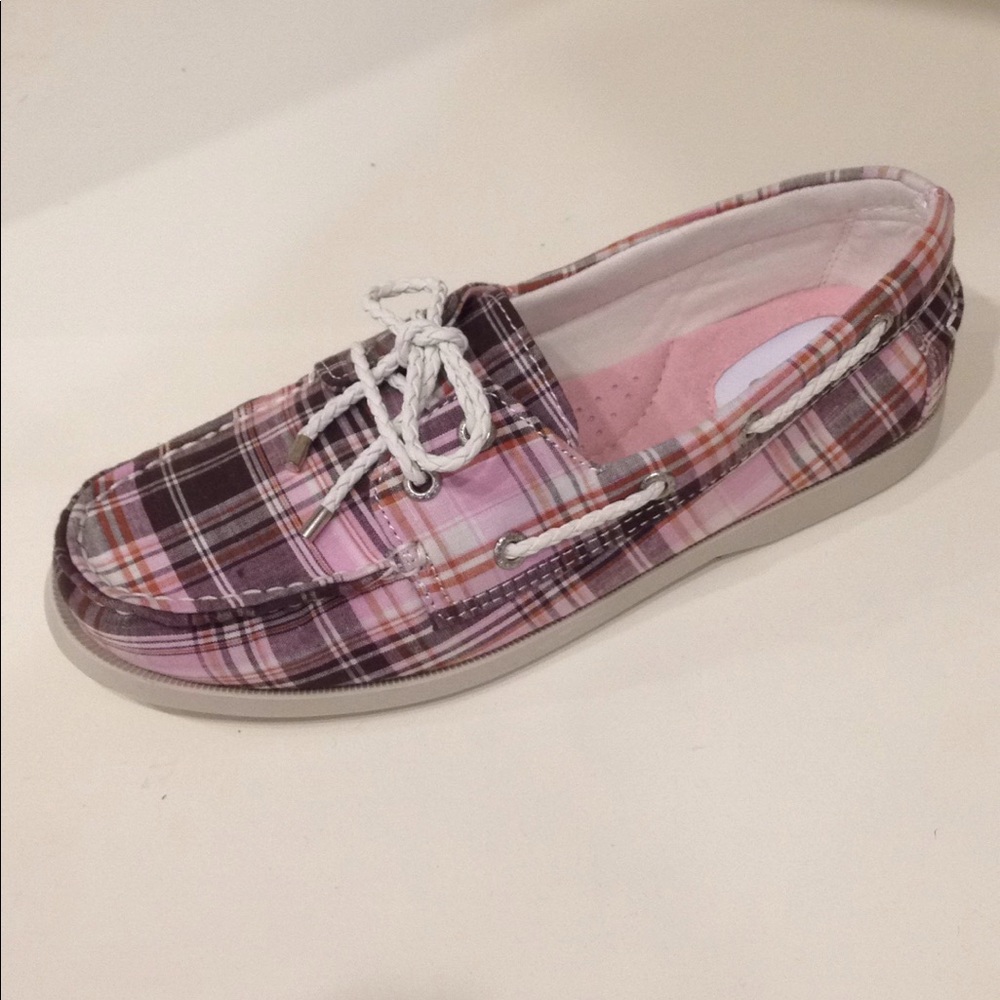 Sebago Pink and Brown Mixed Cotton Plaid Boat Shoe